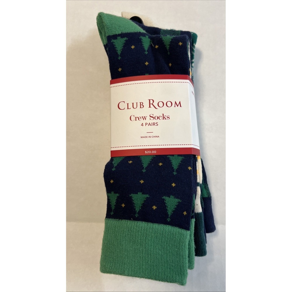 Club Room Crew Socks 4 Pair Christmas Socks Mens SZ 8-13 Trees Snowflakes Plaid